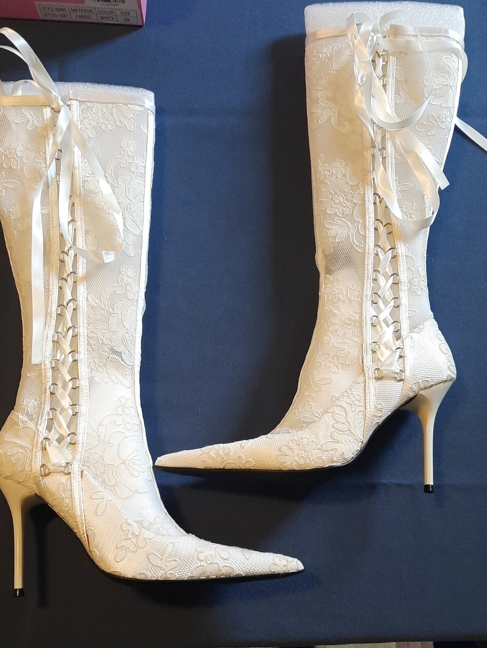 Lace-Trim White Satin Pointed-Toe Knee Boots